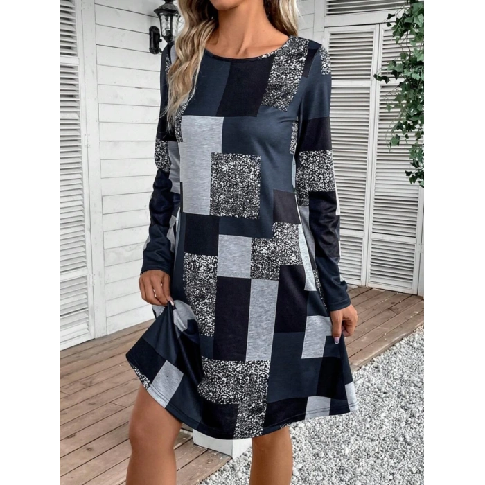 MDB Kadın Uzun Kollu Yuvarlak Yaka Geometrik Süprem Elbise