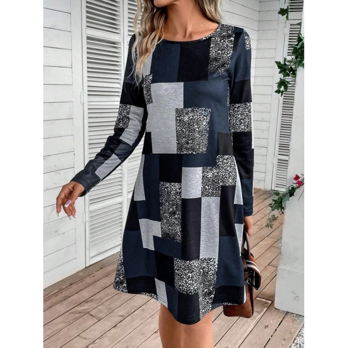 MDB Kadın Uzun Kollu Yuvarlak Yaka Geometrik Süprem Elbise