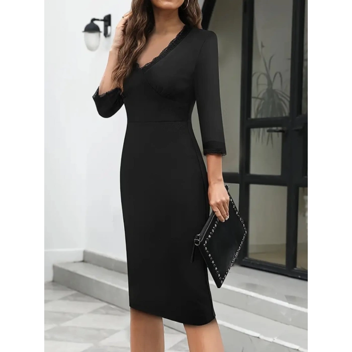 MDB Kadın V Yakalı Dantel Detaylı Midi Boy Janjan Krep Elbise