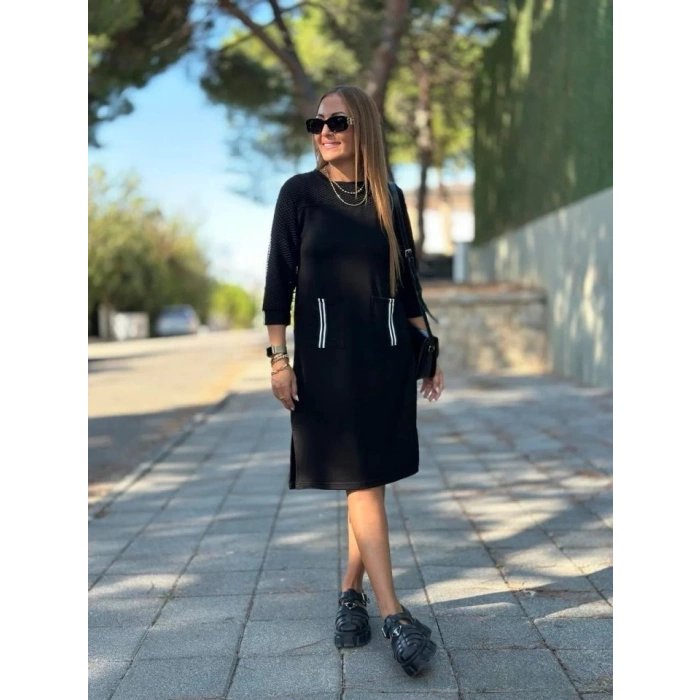 MDB Kadın Viskon Pamuklu Kumaş Kol File , şerit Ve Cep Detaylı Elbise