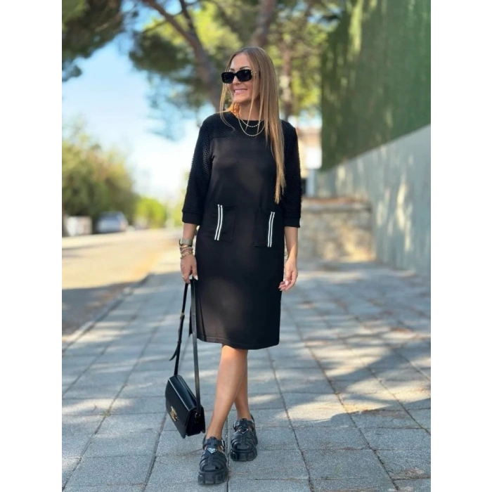 MDB Kadın Viskon Pamuklu Kumaş Kol File , şerit Ve Cep Detaylı Elbise