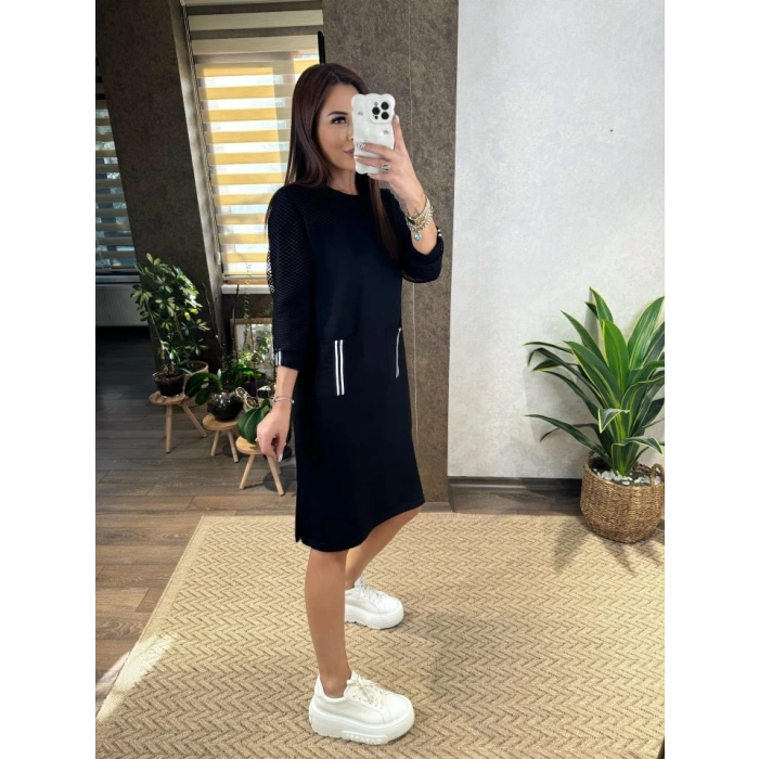 MDB Kadın Viskon Pamuklu Kumaş Kol File , şerit Ve Cep Detaylı Elbise