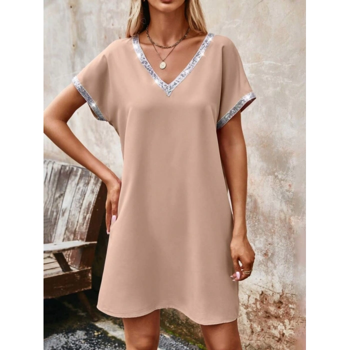 MDB Kadın Yaka Ve Kol Pul Payet şeritli Ithal Krep Elbise