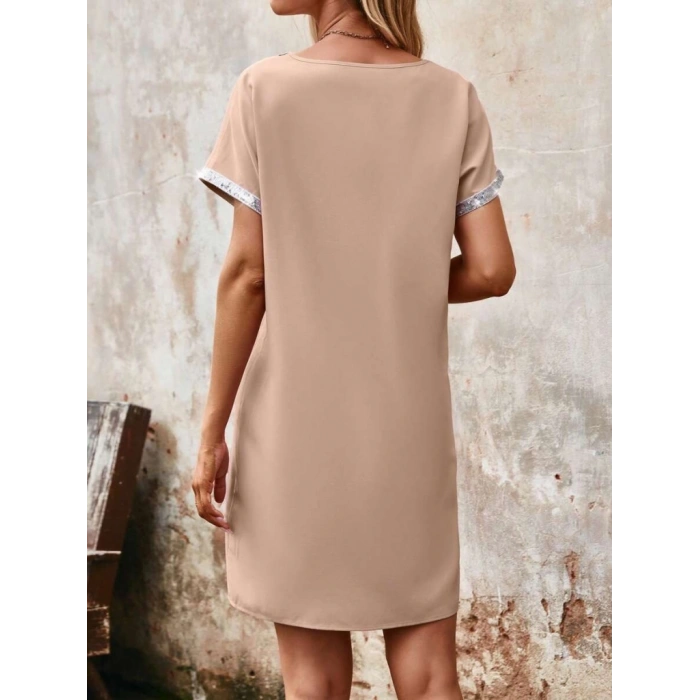 MDB Kadın Yaka Ve Kol Pul Payet şeritli Ithal Krep Elbise