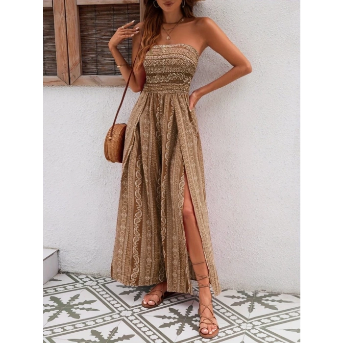 MDB Kadın Yakası Gipe Detaylı önden Yırtmaç Detaylı Desenli Süprem Pantolun Etek Tulum