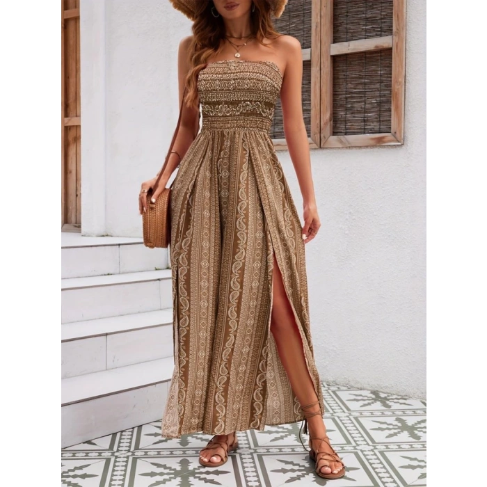 MDB Kadın Yakası Gipe Detaylı önden Yırtmaç Detaylı Desenli Süprem Pantolun Etek Tulum