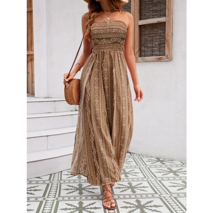 MDB Kadın Yakası Gipe Detaylı önden Yırtmaç Detaylı Desenli Süprem Pantolun Etek Tulum