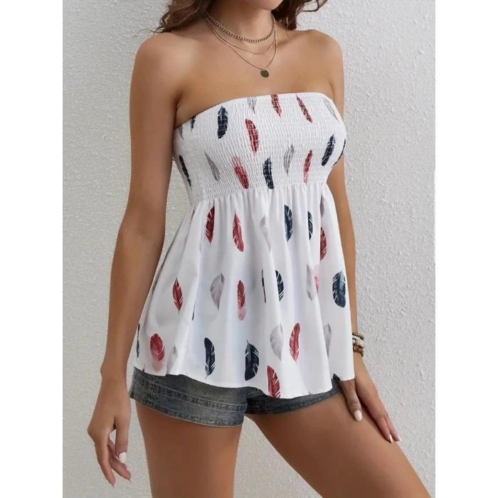 MDB Kadın Yaprak Desenli Göğsü Gipeli Mosskrep Straplez Bluz