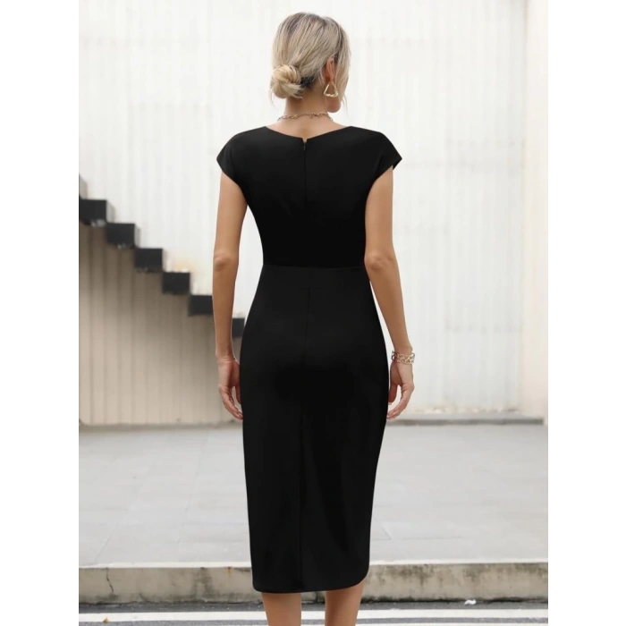 MDB Kadın Yarım Ay Kollu Bisiklet Yaka Yandan Drapeli Ithal Krep Elbise