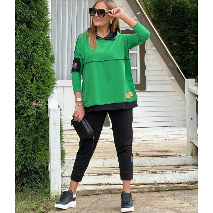 MDB Kadın Yeşil Kapşonlu Etek Ucu Detay Arma Ters Dikiş Gorunumlu Ikili Takım