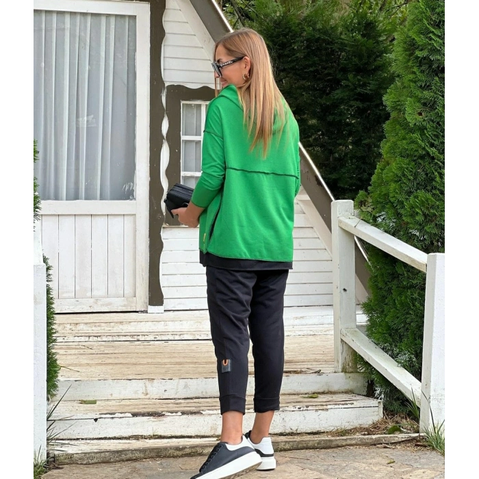 MDB Kadın Yeşil Kapşonlu Etek Ucu Detay Arma Ters Dikiş Gorunumlu Ikili Takım