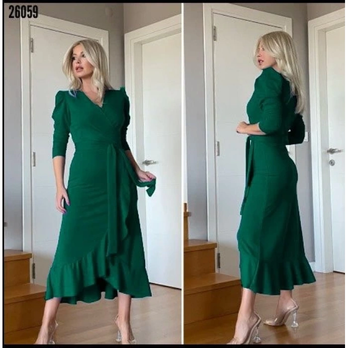 MDB Kadın Yeşil Krep Kumaş idi Boy Kuşaklı Uzunkol Elbise