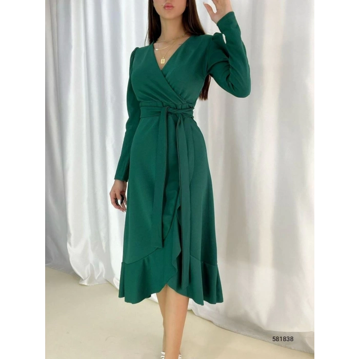 MDB Kadın Yeşil Krep Kumaş idi Boy Kuşaklı Uzunkol Elbise