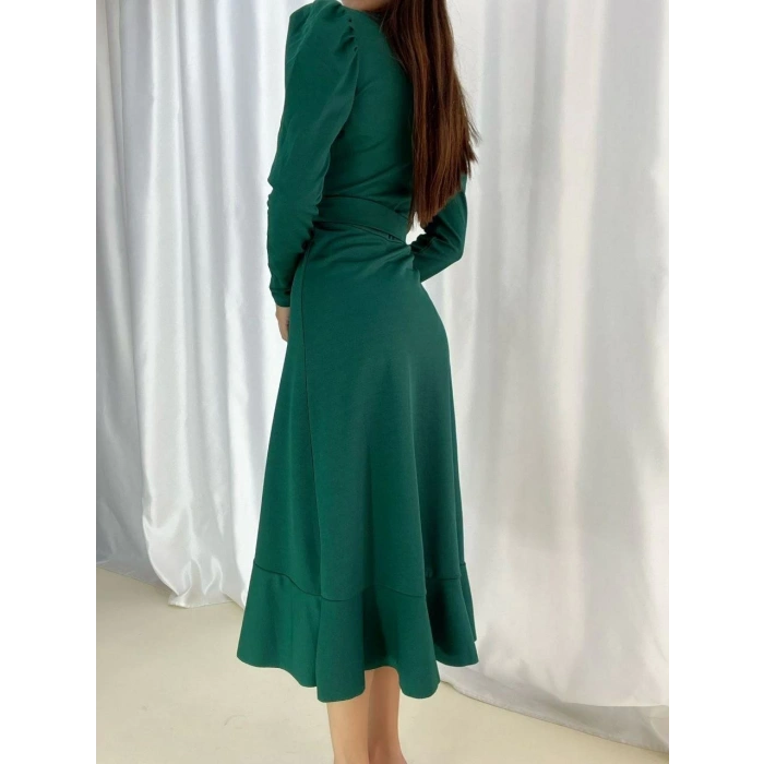 MDB Kadın Yeşil Krep Kumaş idi Boy Kuşaklı Uzunkol Elbise