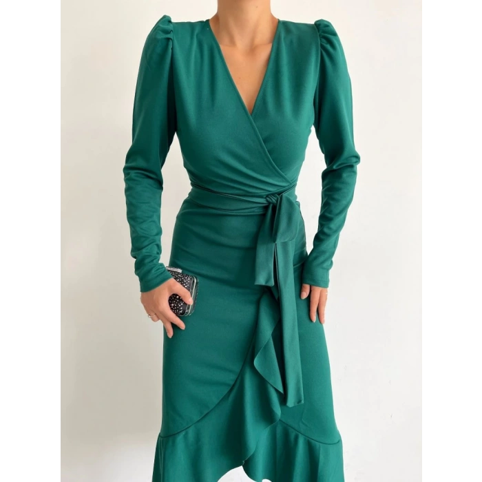 MDB Kadın Yeşil Krep Kumaş idi Boy Kuşaklı Uzunkol Elbise
