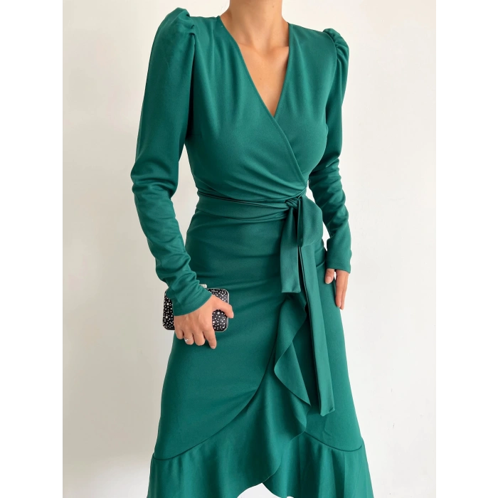 MDB Kadın Yeşil Krep Kumaş idi Boy Kuşaklı Uzunkol Elbise