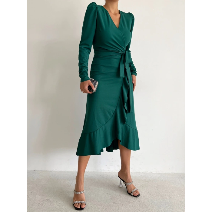 MDB Kadın Yeşil Krep Kumaş idi Boy Kuşaklı Uzunkol Elbise