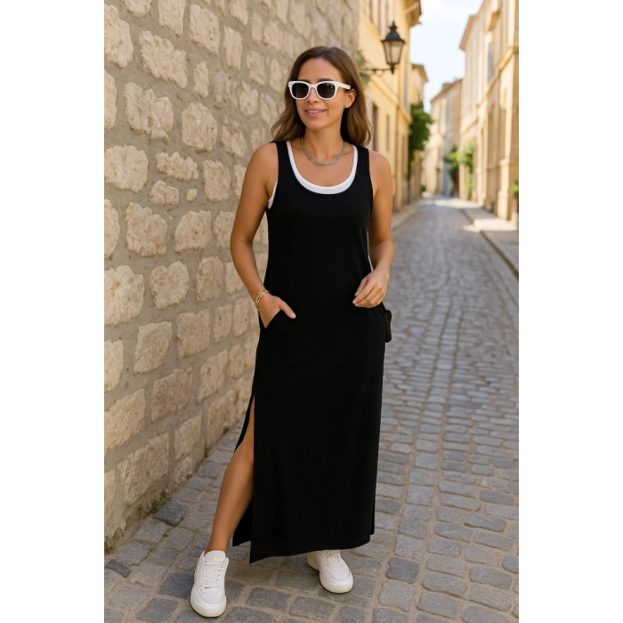 MDB Kadın Yırtmaç Detaylı Viskon Kumaş Maxi Boy Cepli Iç Dahil Ikili Elbise