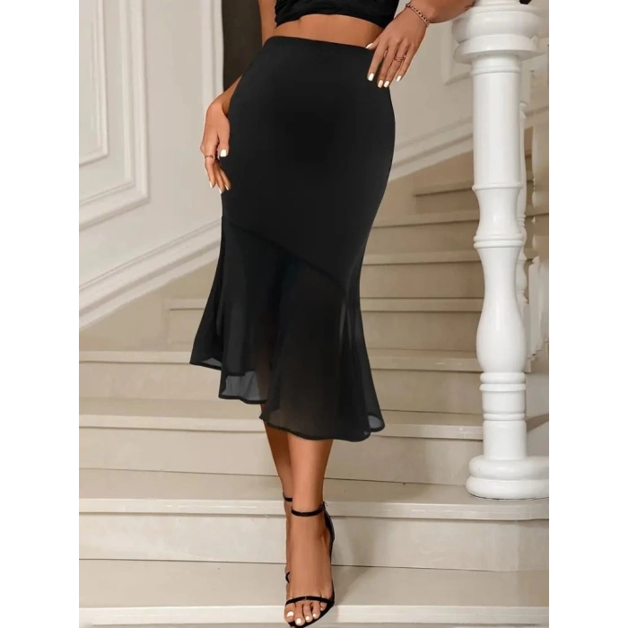 MDB Kadın Yüksek Bel Asimetrik Detaylı Ithal Krep Etek
