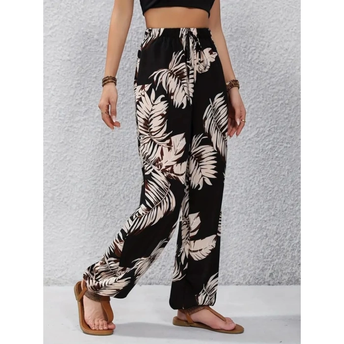 MDB Kadın Yüksek Bel Bağcıklı Yaprak Desenli Süprem Pantolon