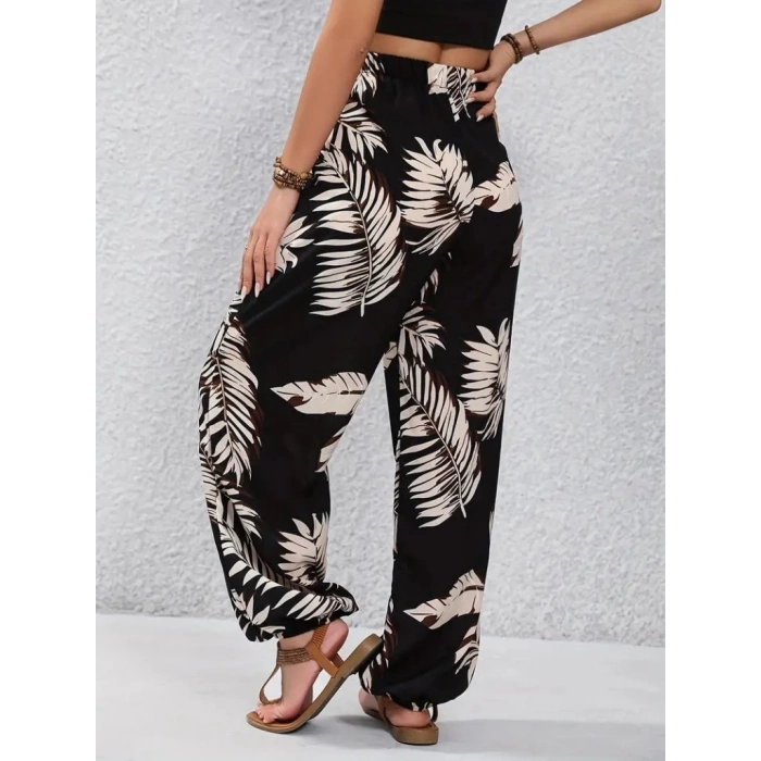 MDB Kadın Yüksek Bel Bağcıklı Yaprak Desenli Süprem Pantolon
