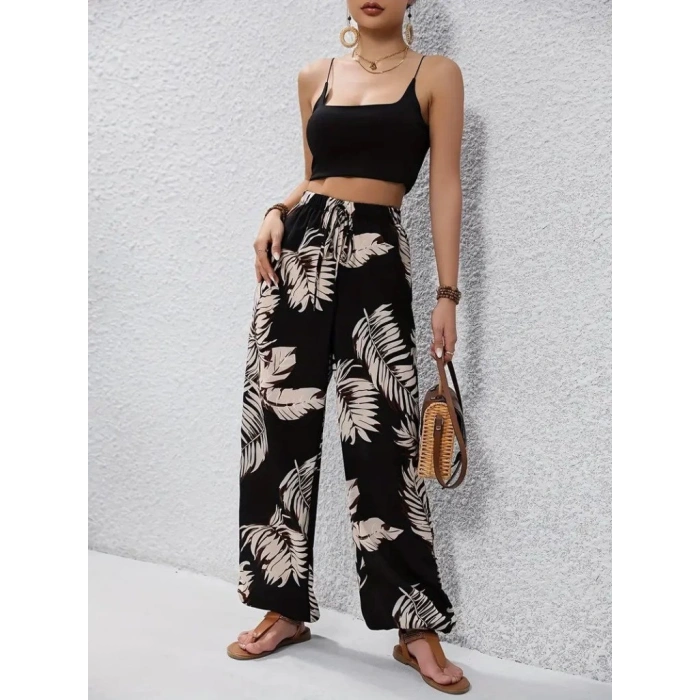 MDB Kadın Yüksek Bel Bağcıklı Yaprak Desenli Süprem Pantolon