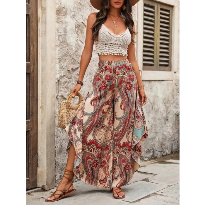 MDB Kadın Yüksek Bel Beli Lastikli Desenli Geniş Paçalı Süprem Pantolon