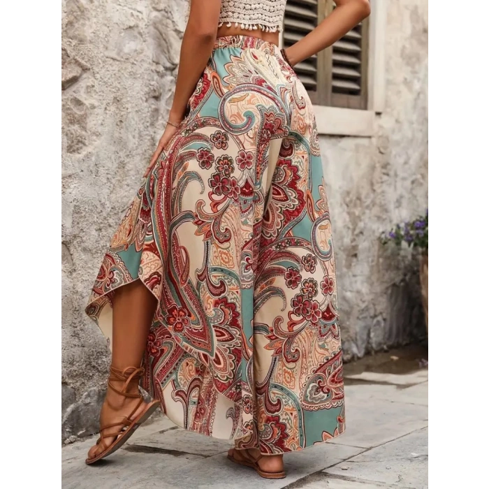 MDB Kadın Yüksek Bel Beli Lastikli Desenli Geniş Paçalı Süprem Pantolon