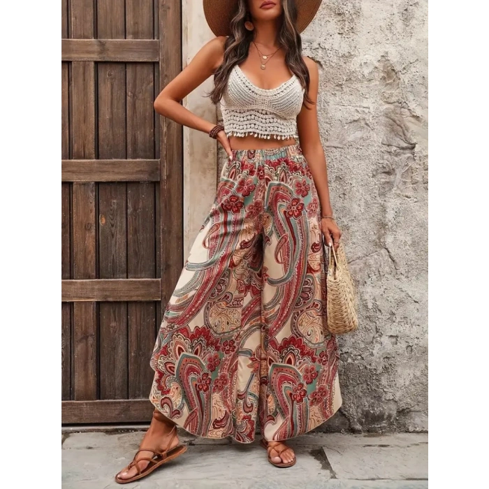 MDB Kadın Yüksek Bel Beli Lastikli Desenli Geniş Paçalı Süprem Pantolon