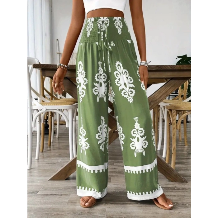 MDB Kadın Yüksek Bel Büzgülü Etnik Desen Baskılı Süprem Pantolon