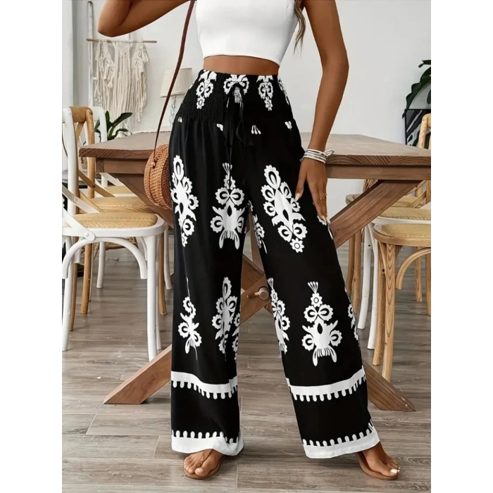 MDB Kadın Yüksek Bel Büzgülü Etnik Desen Baskılı Süprem Pantolon