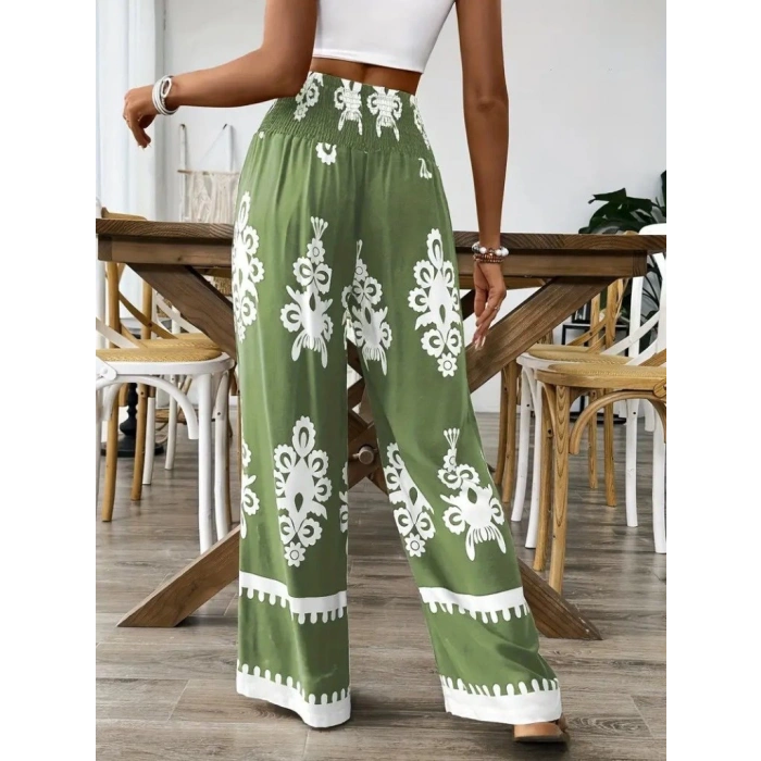 MDB Kadın Yüksek Bel Büzgülü Etnik Desen Baskılı Süprem Pantolon