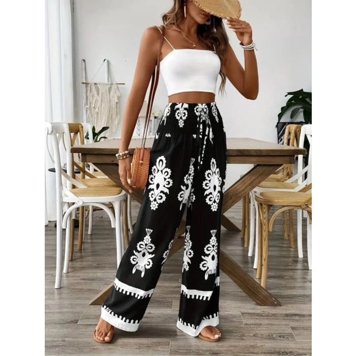 MDB Kadın Yüksek Bel Büzgülü Etnik Desen Baskılı Süprem Pantolon