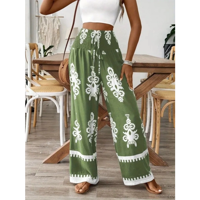 MDB Kadın Yüksek Bel Büzgülü Etnik Desen Baskılı Süprem Pantolon