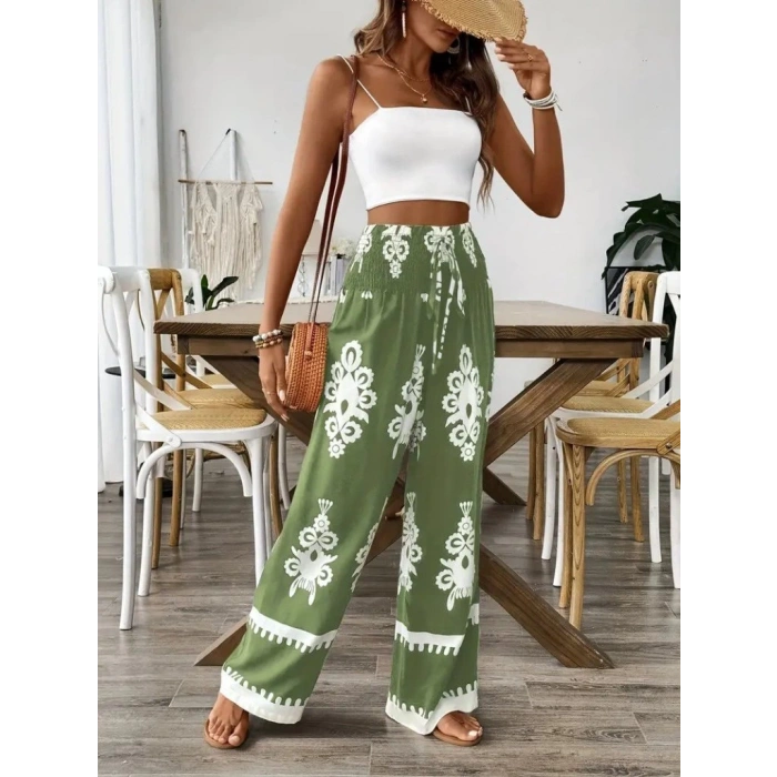 MDB Kadın Yüksek Bel Büzgülü Etnik Desen Baskılı Süprem Pantolon