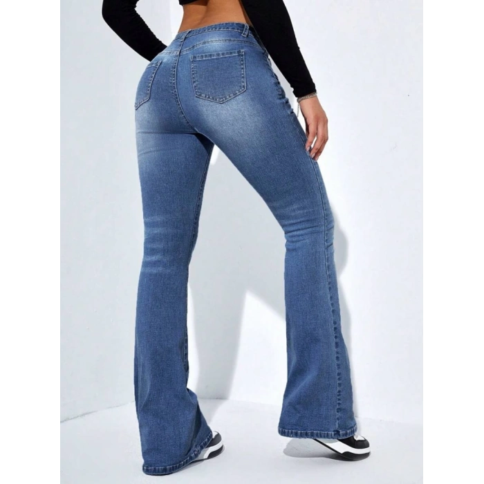 MDB Kadın Yüksek Bel Cepli İspanyol Paçalı Kot Jeans Pantolon