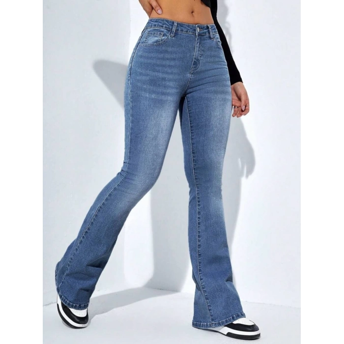 MDB Kadın Yüksek Bel Cepli İspanyol Paçalı Kot Jeans Pantolon