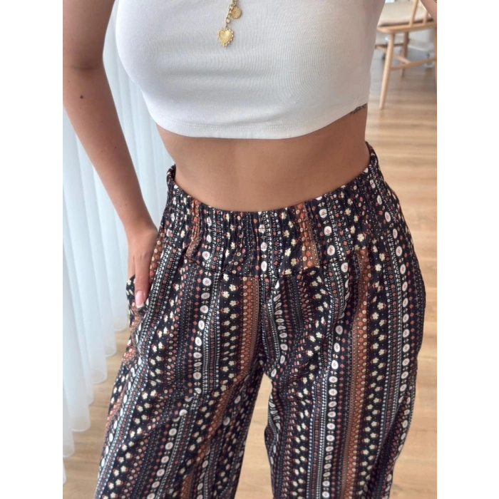 MDB Kadın Yüksek Bel Etnik Desenli Geniş Dökümlü Bürümcük Pantolon