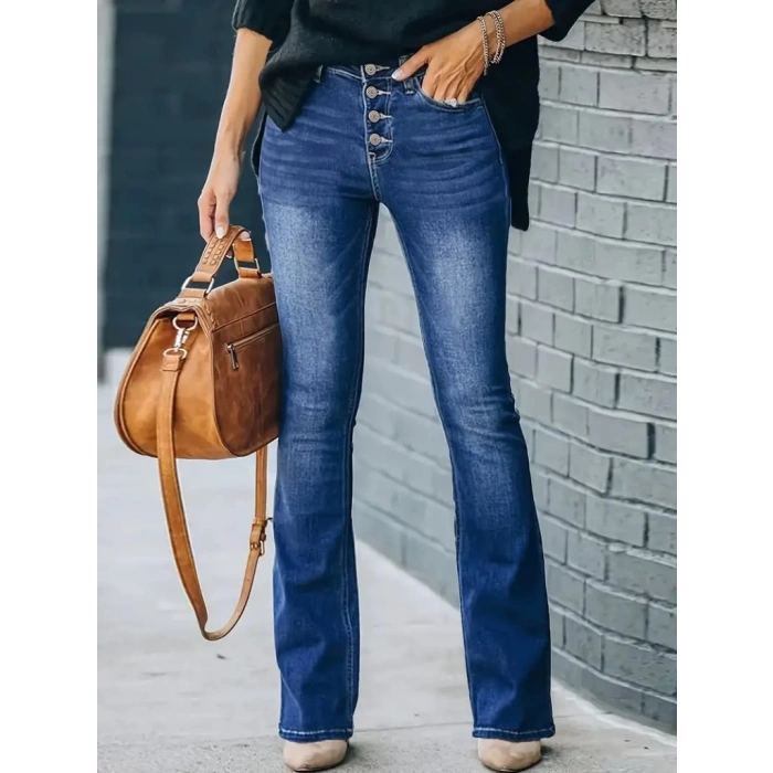 MDB Kadın Yüksek Bel önden Düğmeli Cep Detay Ispanyol Paça Denim Pantolon