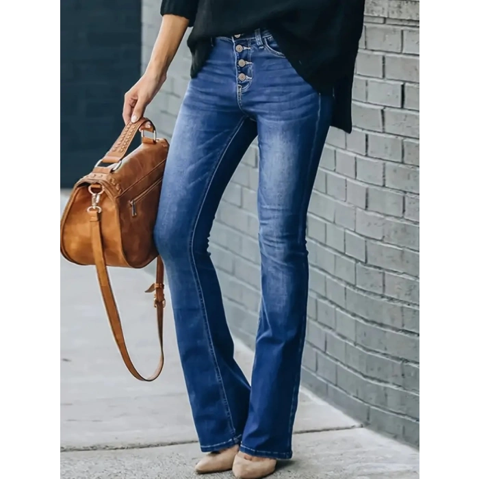MDB Kadın Yüksek Bel önden Düğmeli Cep Detay Ispanyol Paça Denim Pantolon