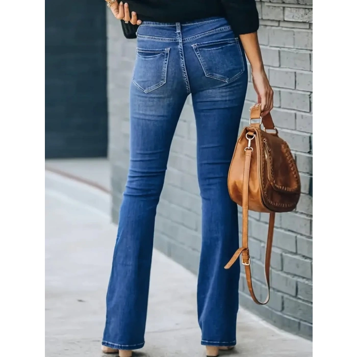 MDB Kadın Yüksek Bel önden Düğmeli Cep Detay Ispanyol Paça Denim Pantolon