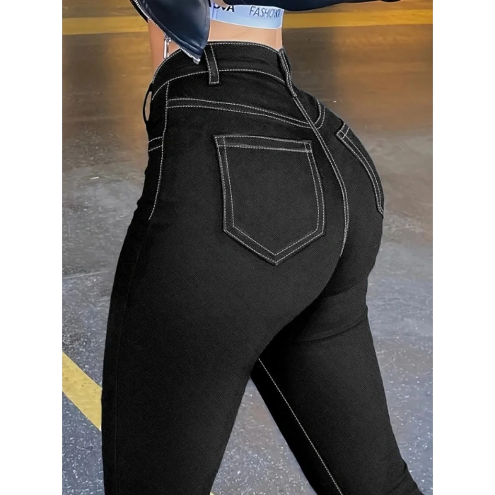 MDB Kadın Yüksek Bel önden Düğmeli Dar Kesim Kot Pantolon