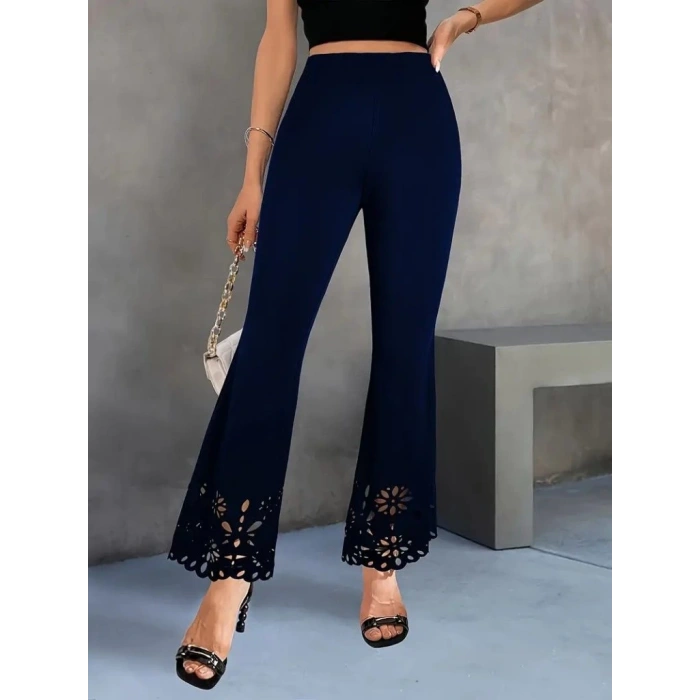 MDB Kadın Yüksek Bel Paçaya Doğru Genişleyen Lazer çiçek Kesim Detaylı Ithal Krep Pantolon