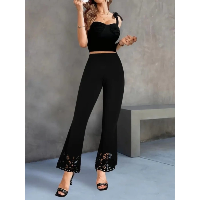 MDB Kadın Yüksek Bel Paçaya Doğru Genişleyen Lazer çiçek Kesim Detaylı Ithal Krep Pantolon