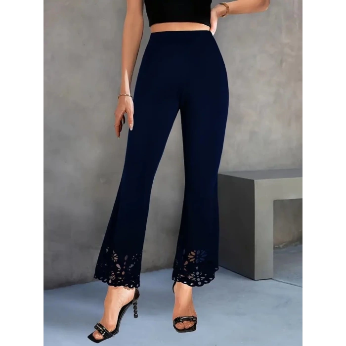 MDB Kadın Yüksek Bel Paçaya Doğru Genişleyen Lazer çiçek Kesim Detaylı Ithal Krep Pantolon