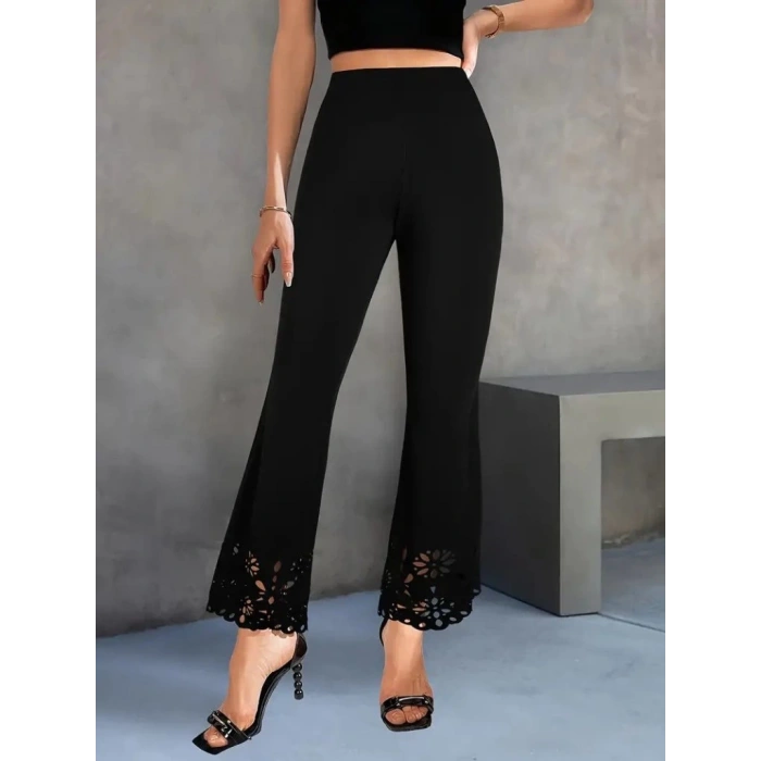 MDB Kadın Yüksek Bel Paçaya Doğru Genişleyen Lazer çiçek Kesim Detaylı Ithal Krep Pantolon