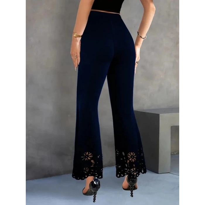 MDB Kadın Yüksek Bel Paçaya Doğru Genişleyen Lazer çiçek Kesim Detaylı Ithal Krep Pantolon