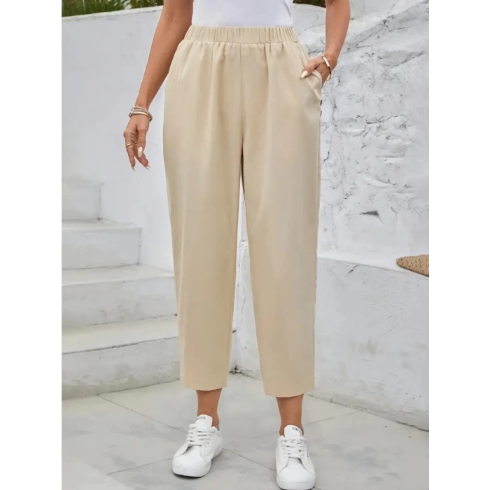 MDB Kadın Yüksek Bel Yandan Cepli Düğme Detaylı Geniş Kesim Ithal Krep Pantolon