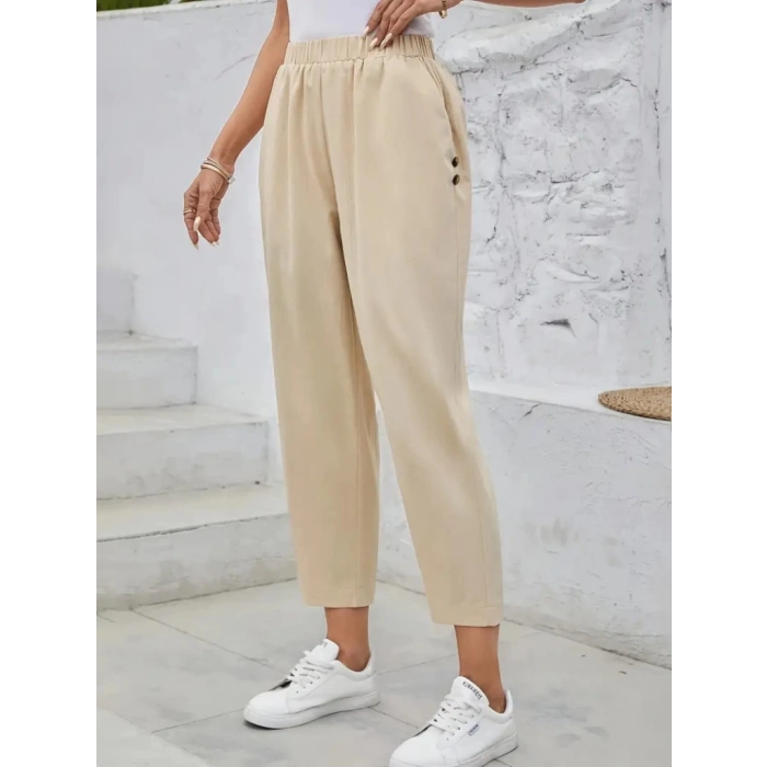 MDB Kadın Yüksek Bel Yandan Cepli Düğme Detaylı Geniş Kesim Ithal Krep Pantolon