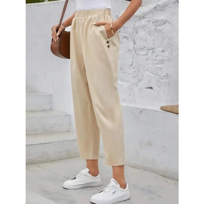 MDB Kadın Yüksek Bel Yandan Cepli Düğme Detaylı Geniş Kesim Ithal Krep Pantolon